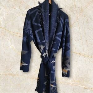 Pendleton Wool Wrap Cardigan Geometric Fringe Belted Southwestern Sweater